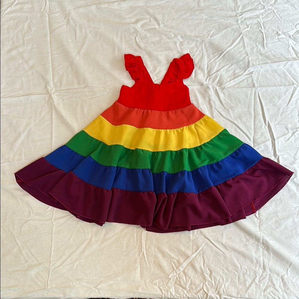 Colorful Rainbow Dress with Ruffle Sleeves